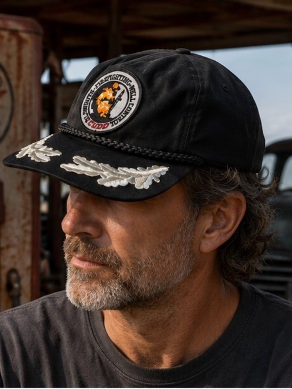 Black Embroidered Rope-Trim Cap with Patch